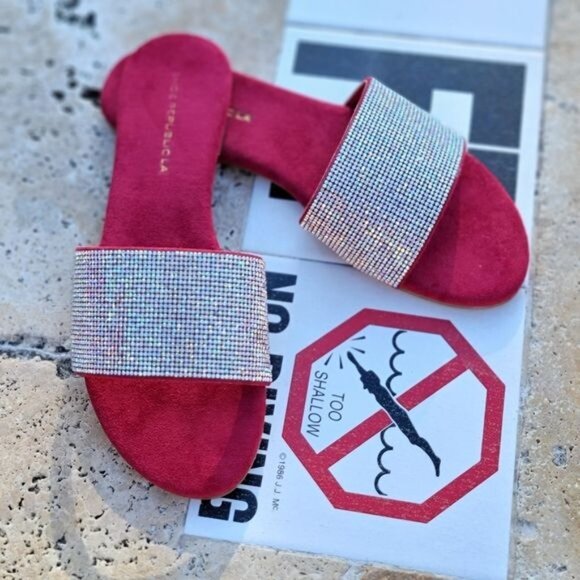 Women's Rhinestone Flats Sandals Wine Color - Picture 3 of 4